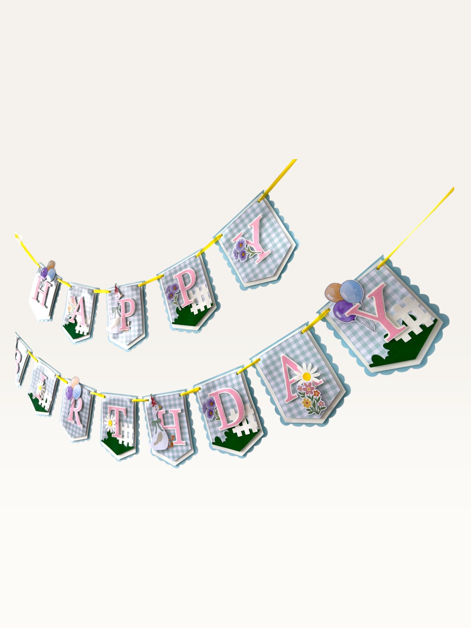 Paper Party Studio Gingham Garden birthday banner with blue check flags, pink letters, daisies, and a party goose.