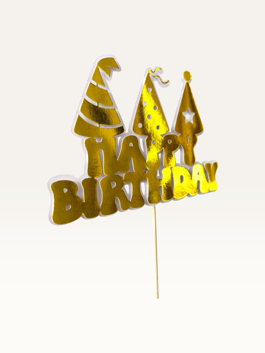 Paper Party Studio golden Happy Birthday cake topper with three party hat cut-outs on a wooden pick.