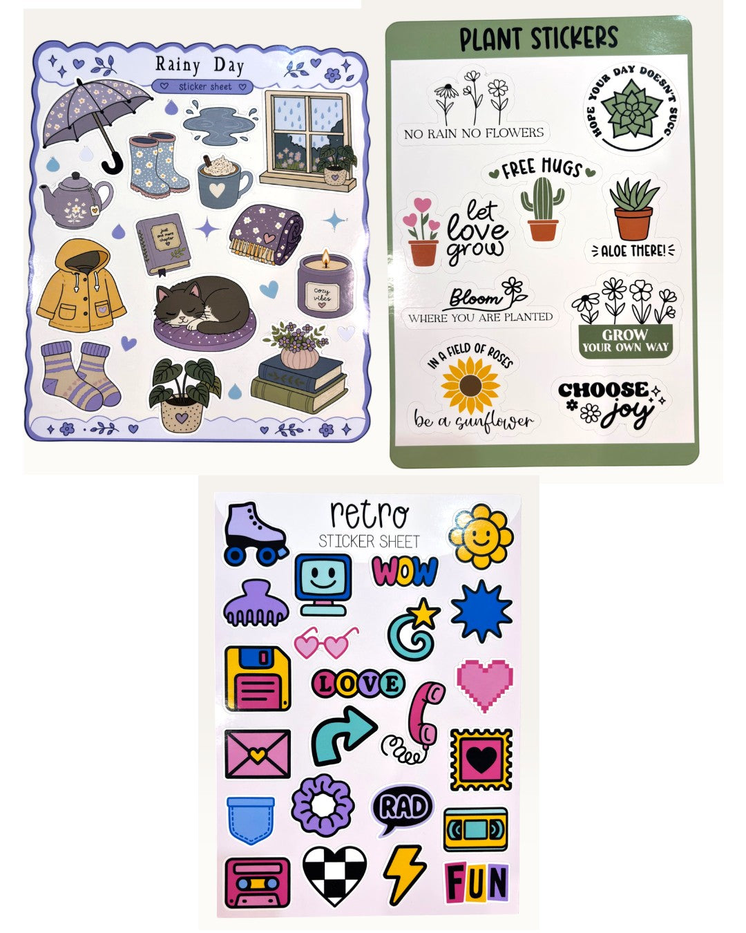 Paper Party Studio Good Vibes sticker set featuring three glossy sheets with rainy day, plant, and retro 90s designs.