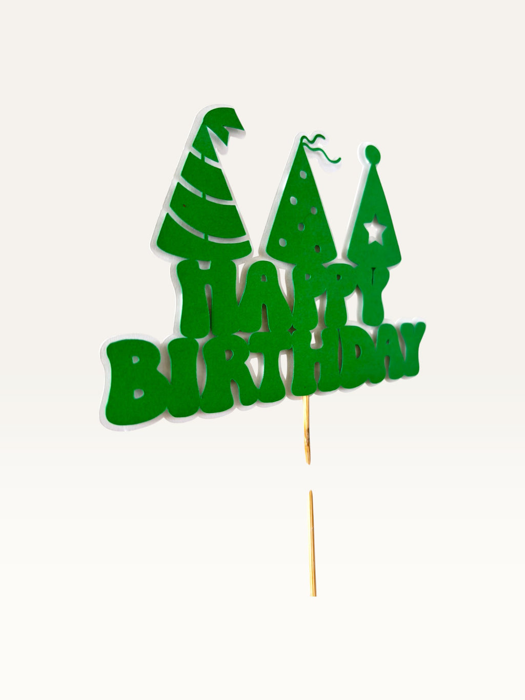 Paper Party Studio green Happy Birthday cake topper with three party hats on a wooden pick