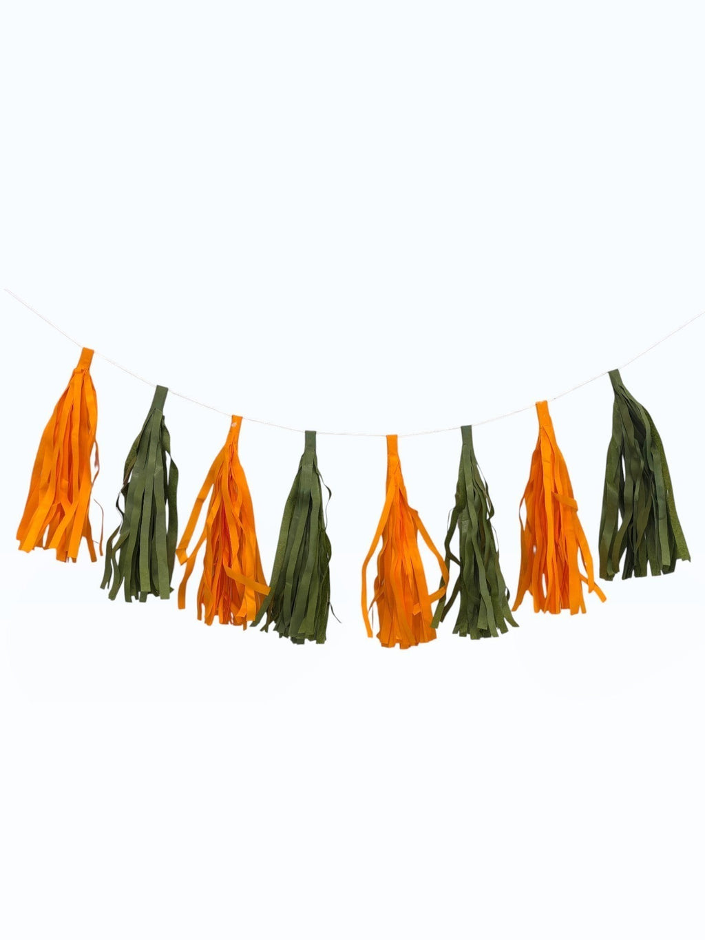 Paper Party Studio green and orange tissue paper tassel garland for party decoration and photo backdrops.