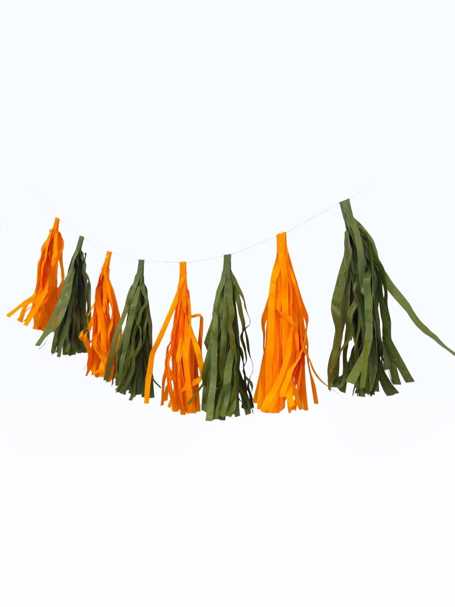 Paper Party Studio handmade tissue paper tassel garland in green and orange for party decorations and backdrops.