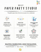 Paper Party Studio infographic highlighting handmade, eco-friendly paper party decor and custom design services.