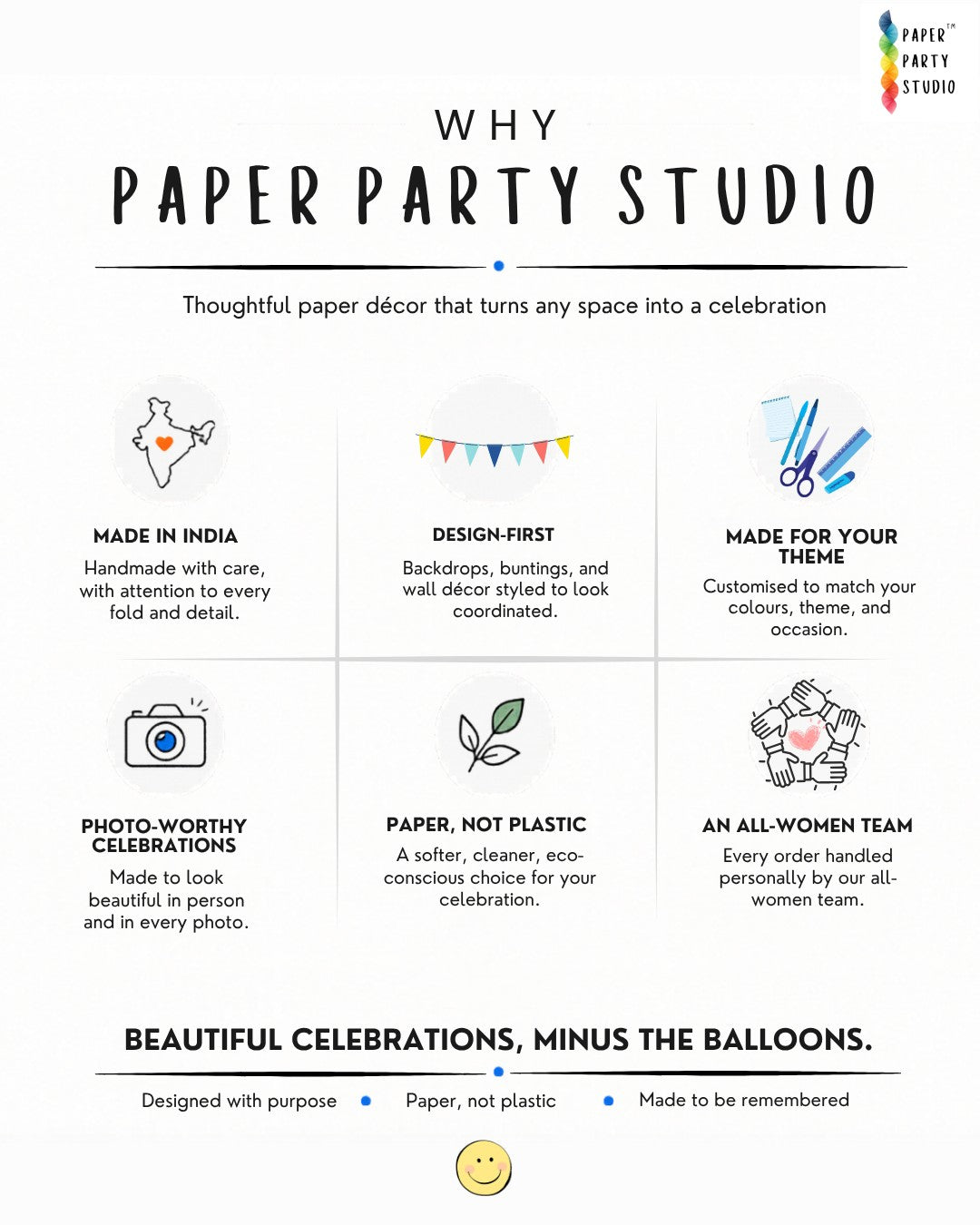 Paper Party Studio infographic highlighting eco-friendly, handmade paper party decorations and custom event decor.