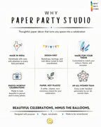 Paper Party Studio infographic highlighting eco-friendly, handmade paper party decorations and custom event decor.