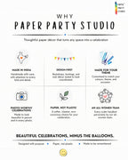 Paper Party Studio infographic highlighting eco-friendly, handmade paper party decorations and custom event decor.