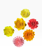 Paper Party Studio handmade paper flowers in yellow, orange, pink, and red. Mixed bouquet of roses, dahlias, lotus, ranunculus, and chrysanthemums.