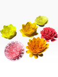 Paper Party Studio handmade paper flowers in yellow, orange, pink, and red. Mixed bouquet of roses, dahlias, lotus, ranunculus, and chrysanthemums.
