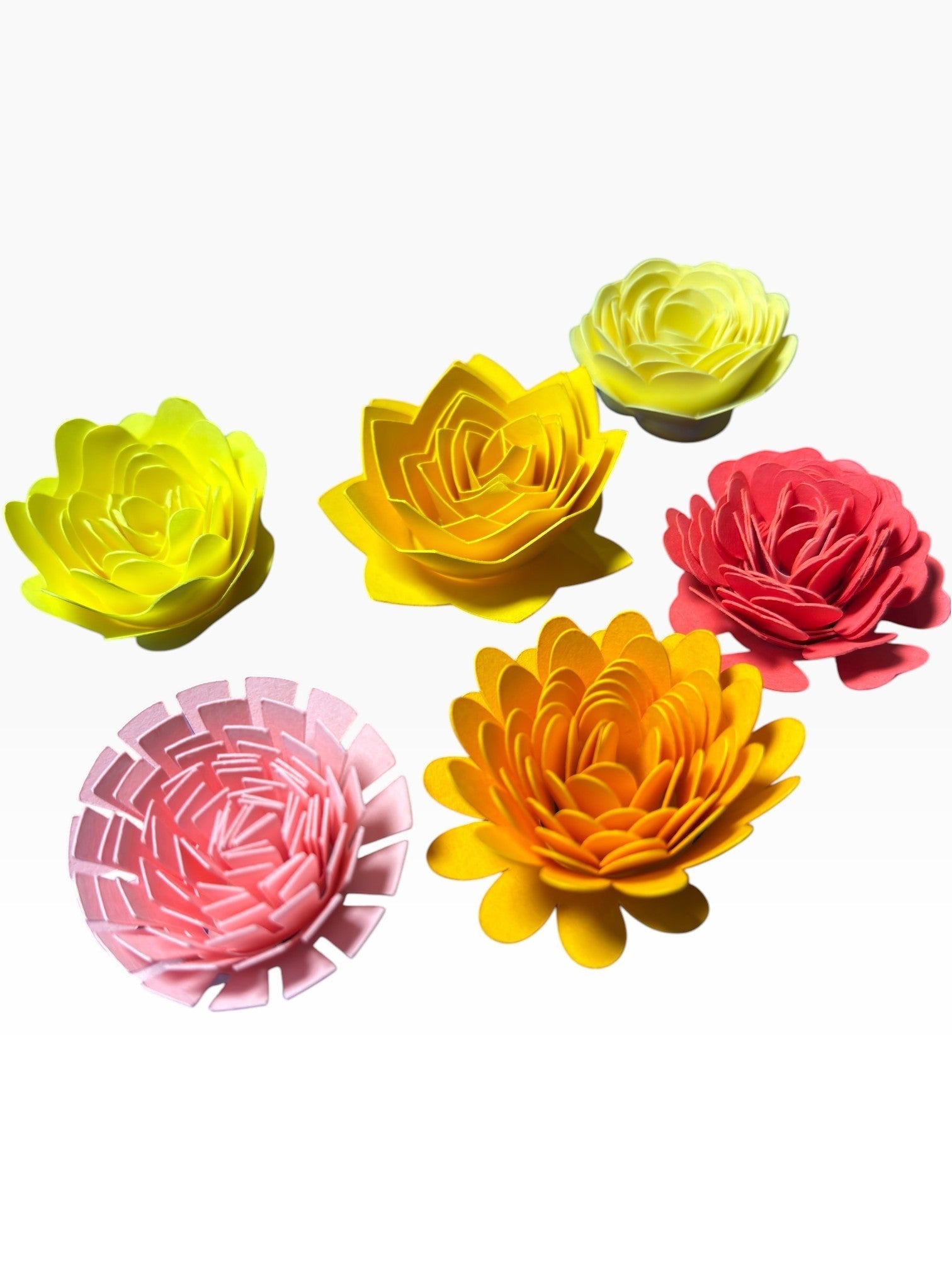 Paper Party Studio handmade paper flowers in yellow, orange, pink, and red. Mixed bouquet of roses, dahlias, lotus, ranunculus, and chrysanthemums.