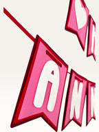 Paper Party Studio pink and white Happy Anniversary cardstock bunting banner with heart accents on swallowtail flags.