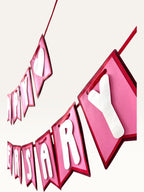 Paper Party Studio Happy Anniversary banner with pink swallowtail cardstock flags and white 3D heart and letter accents