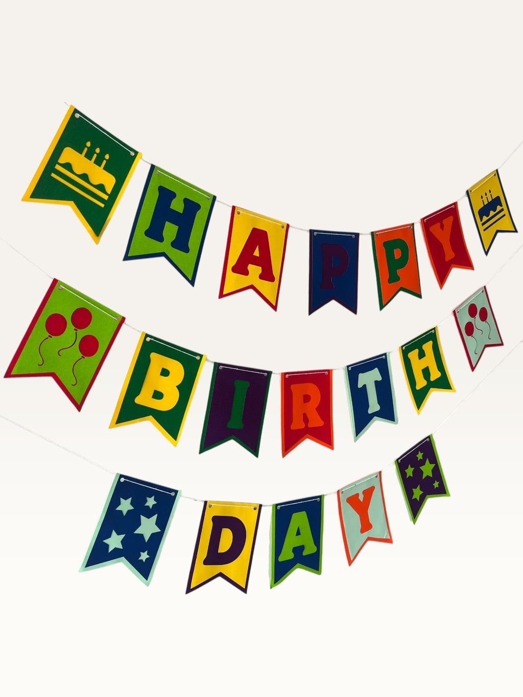 Paper Party Studio multicolour swallowtail Happy Birthday banner with cake, balloon, and star decorative tiles.