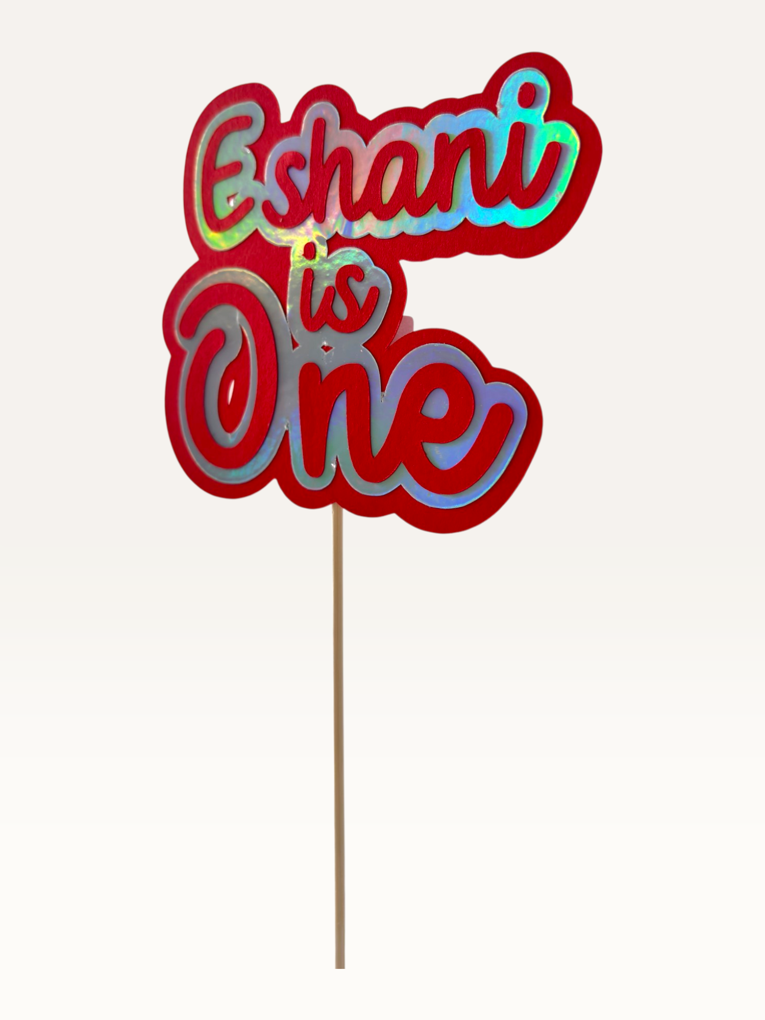 Paper Party Studio personalised holographic script cake topper with bold outline and shimmer