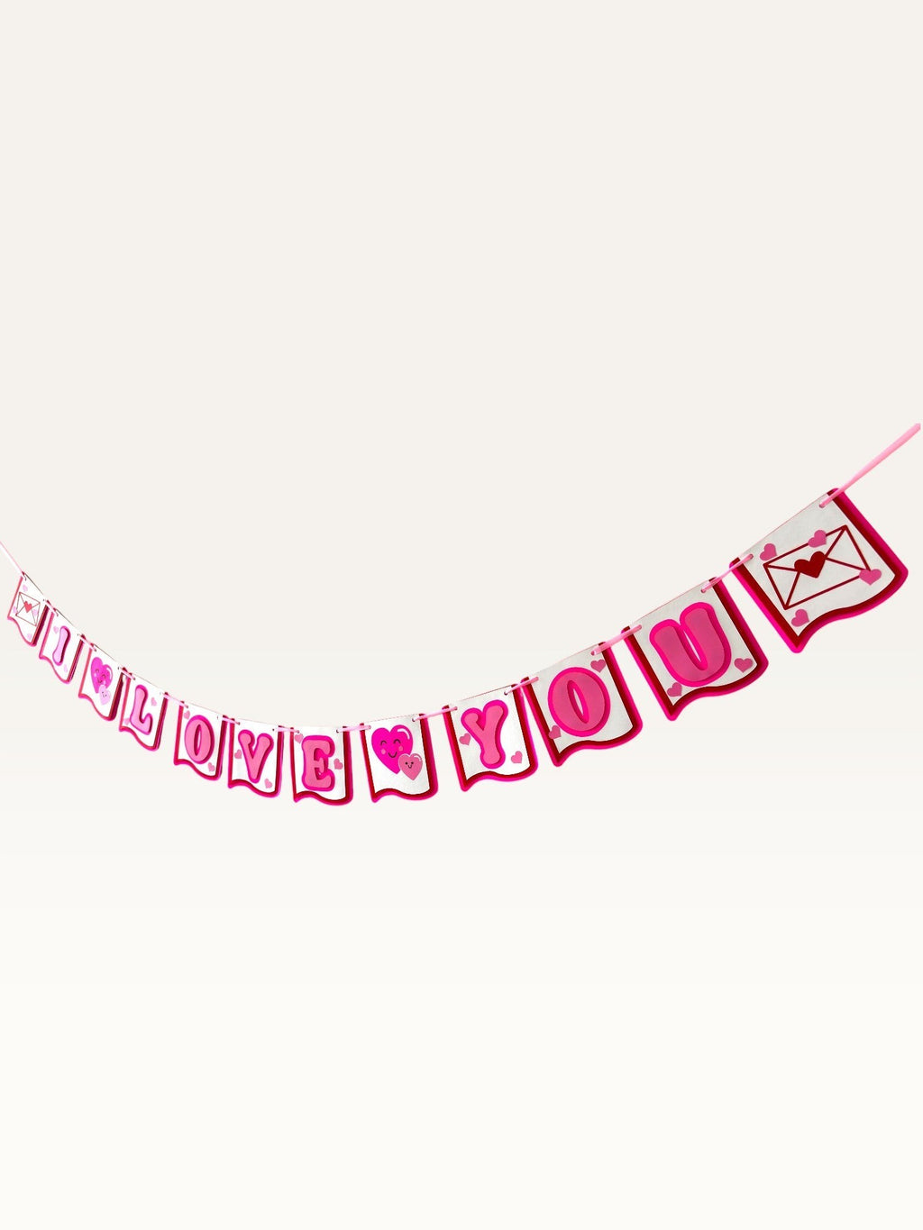 Paper Party Studio I Love You banner in pink cardstock with heart and love-letter accents for romantic celebrations.