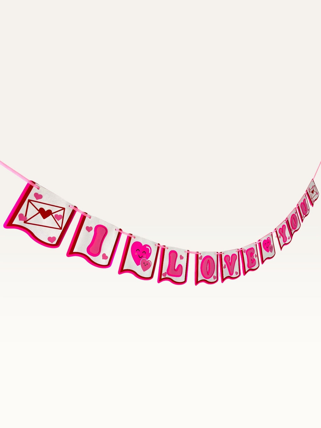 Paper Party Studio handmade I Love You paper banner in pink with heart and love-letter motifs for romantic occasions.