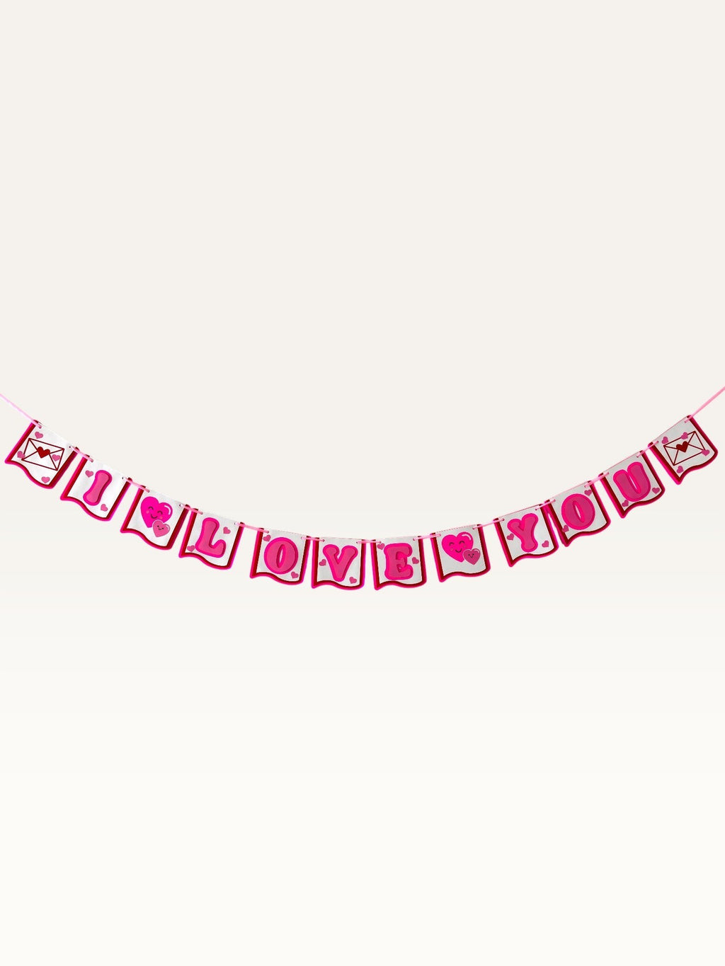 Paper Party Studio handmade I Love You paper banner in pink with heart and love-letter accents for romantic events.