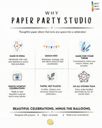 Paper Party Studio infographic highlighting handmade, paper-based, and design-focused devotional party decorations.