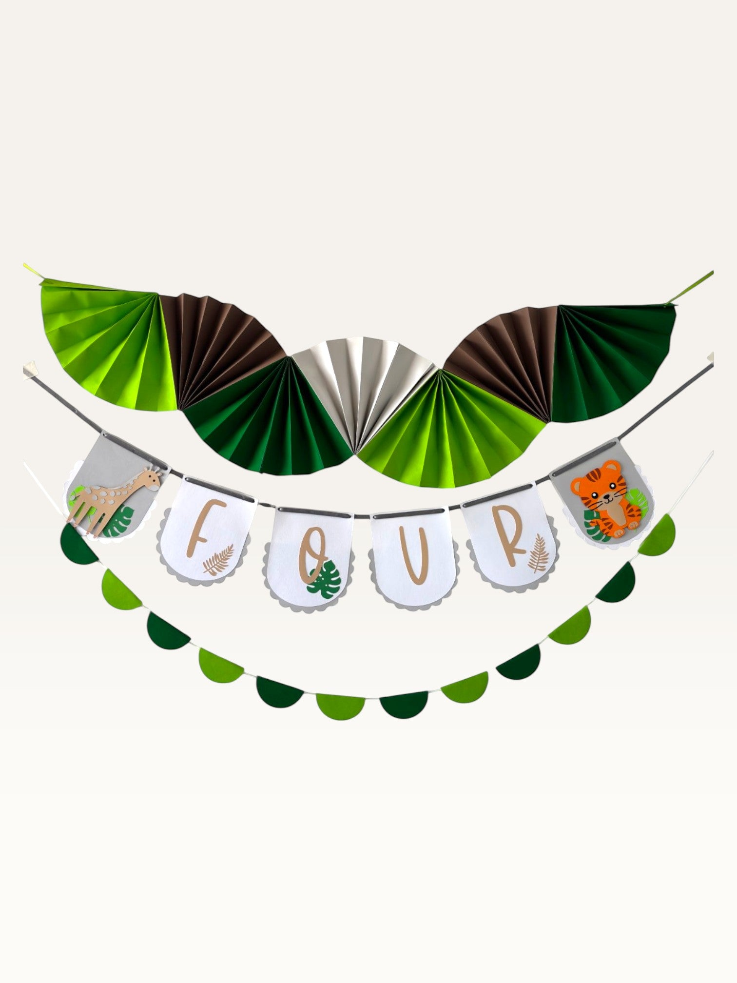Paper Party Studio jungle safari birthday banner set with green paper fans, animal illustrations, and age lettering.