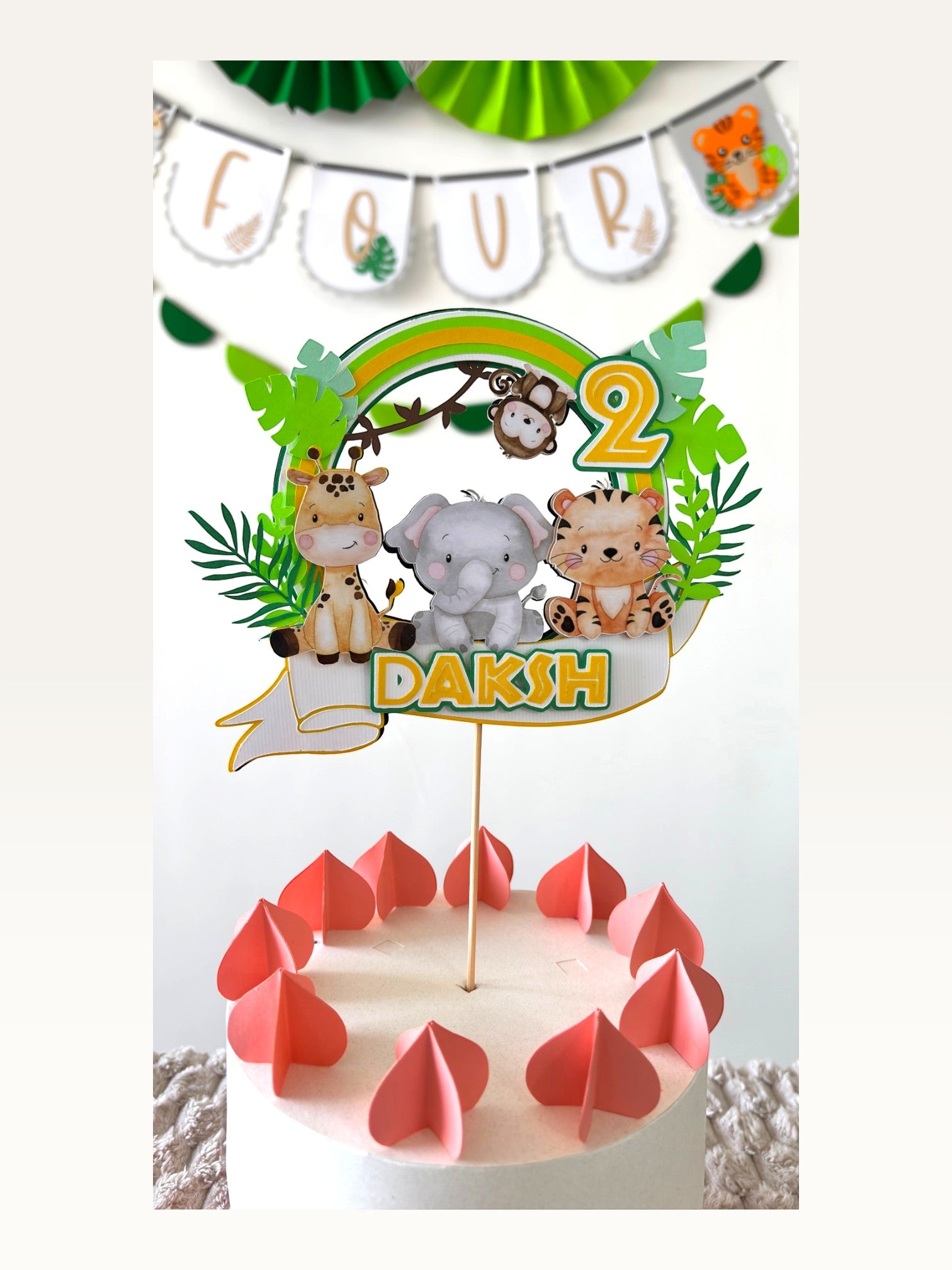 Paper Party Studio personalised jungle safari cake topper with giraffe, elephant, tiger, name, and age on a cake