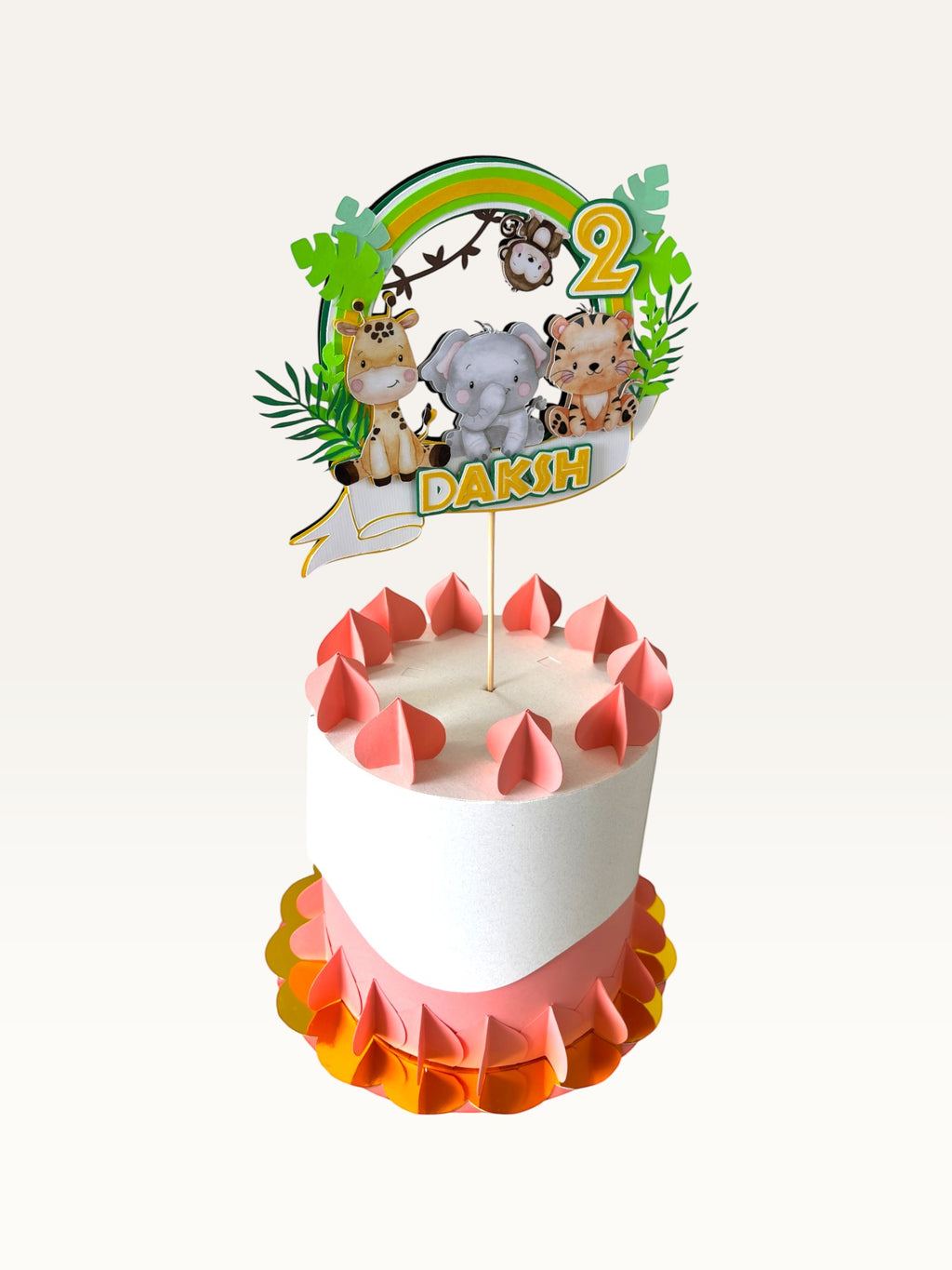 Paper Party Studio personalised jungle safari cake topper with giraffe, elephant, tiger, and monkey on a birthday cake