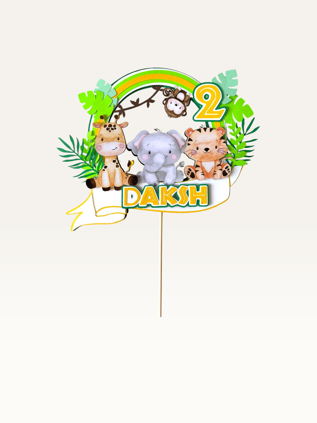 Paper Party Studio personalised jungle safari cake topper featuring a giraffe, elephant, tiger, and monkey with age 2.