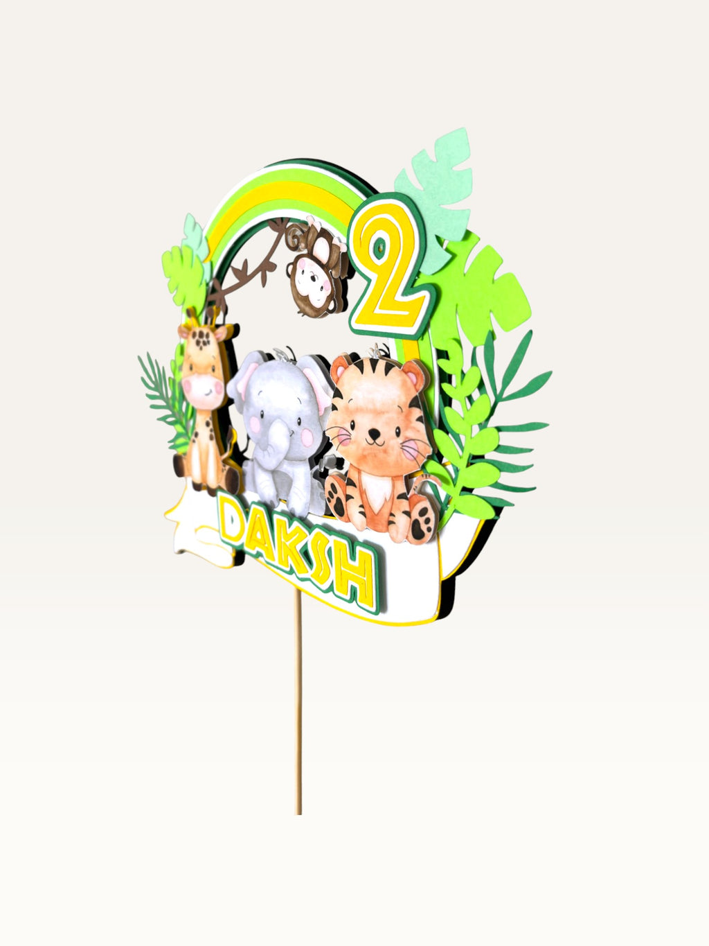 Paper Party Studio personalised jungle safari cake topper with giraffe, elephant, tiger, monkey, and age number two.