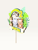 Paper Party Studio personalised jungle safari cake topper with giraffe, elephant, tiger, monkey, and age number two.