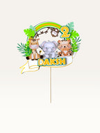 Paper Party Studio personalised jungle safari cake topper with giraffe, elephant, tiger, monkey, and age number 2.