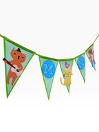 Paper Party Studio personalised kitty name bunting with light blue flags, green trim, and layered cat cut-outs.