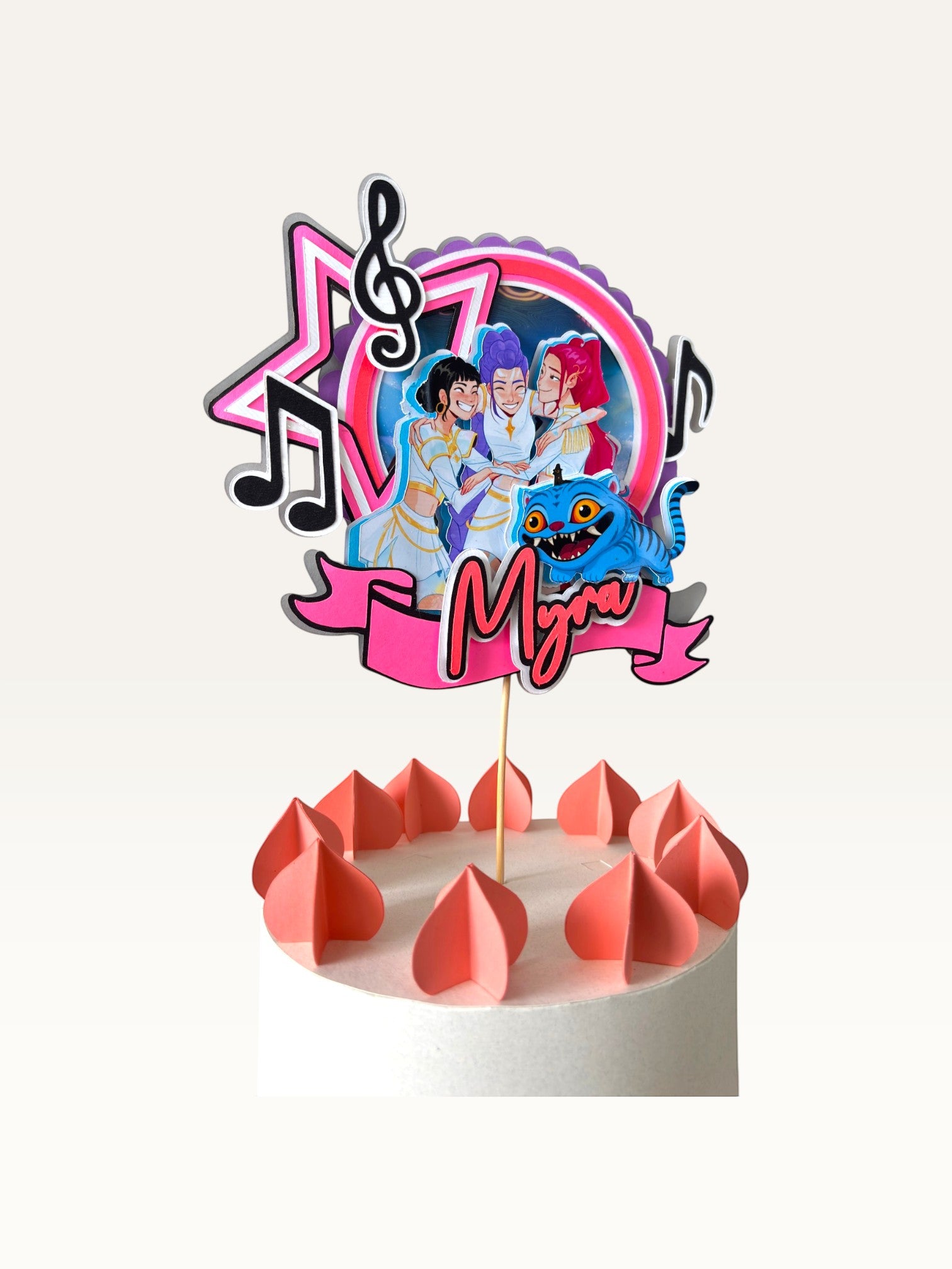 Paper Party Studio personalised K-Pop themed layered cardstock cake topper with Myra name banner and music accents.