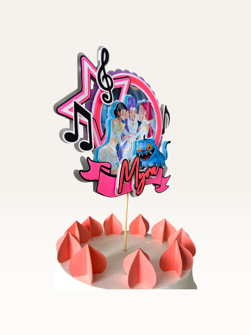 Paper Party Studio personalised K-Pop themed layered cardstock cake topper with music notes and Myra name banner