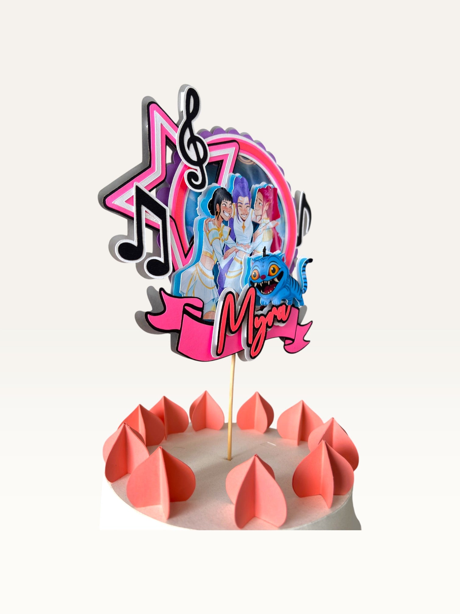 Paper Party Studio personalised K-Pop themed layered cardstock cake topper with music notes and Myra name banner