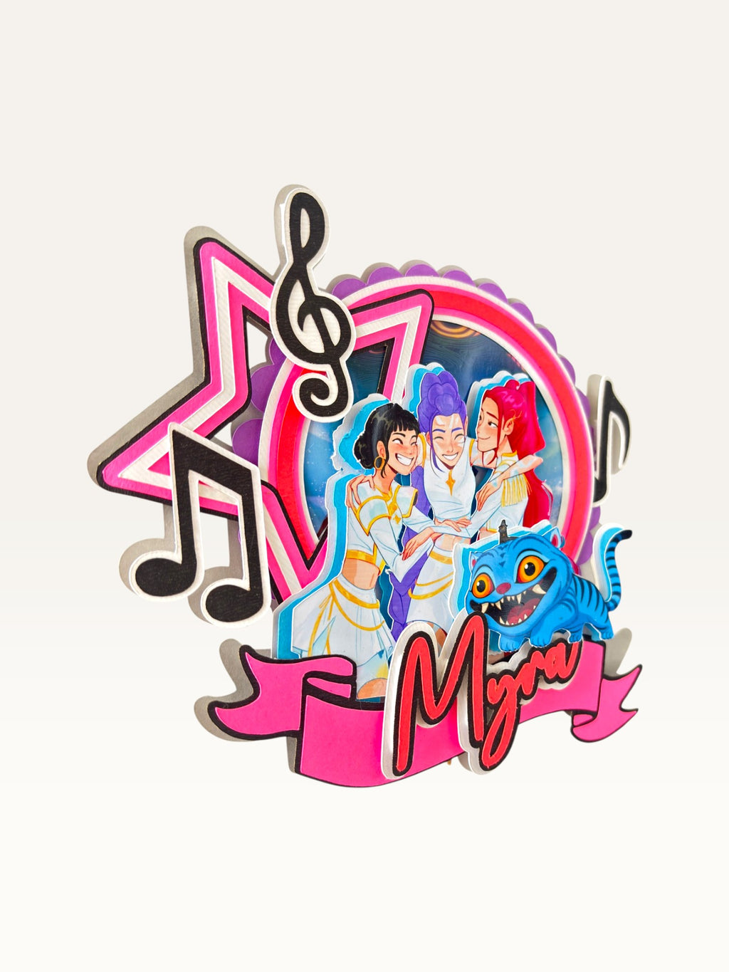 Paper Party Studio personalised K-Pop themed layered cardstock cake topper with music notes and custom name banner.
