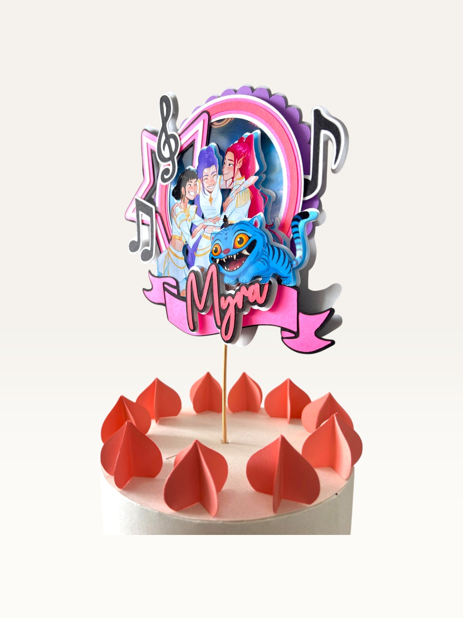 Paper Party Studio personalised K-Pop themed layered cardstock cake topper with music notes and Myra name banner