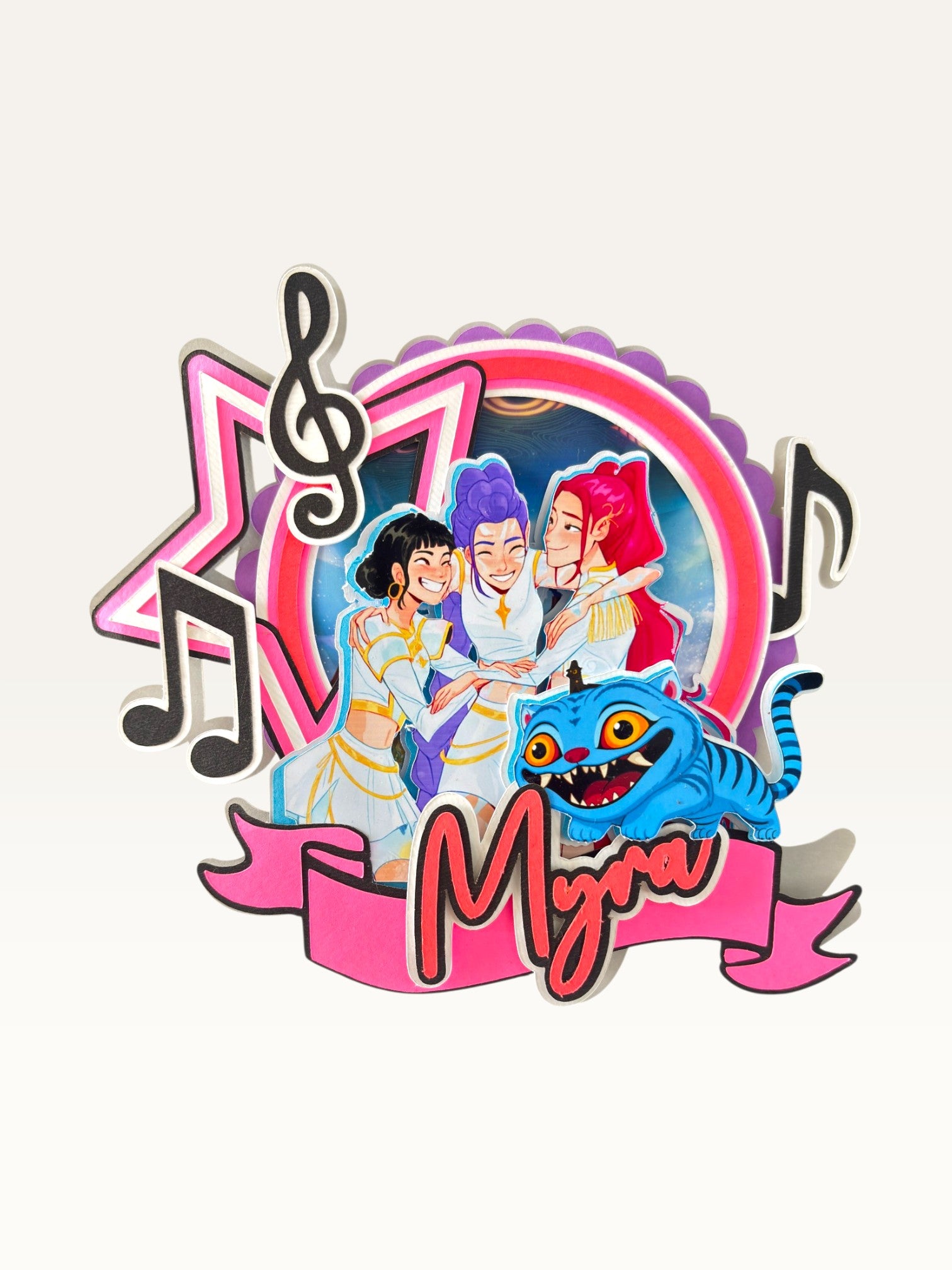 Paper Party Studio personalised K-Pop themed layered cardstock cake topper with music notes and custom name banner