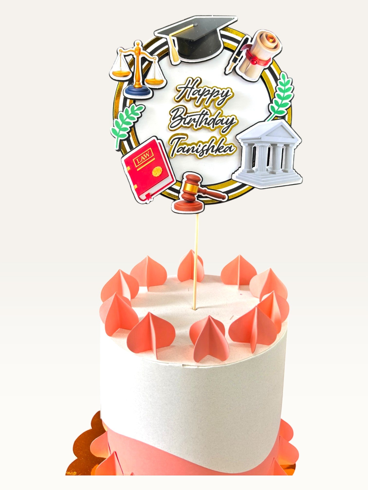 Paper Party Studio personalised 3D law-themed cake topper with scales, gavel, and book on a white cake