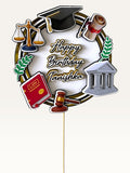 Paper Party Studio personalised 3D law-themed cake topper with scales, gavel, law book, and graduation cap in gold.