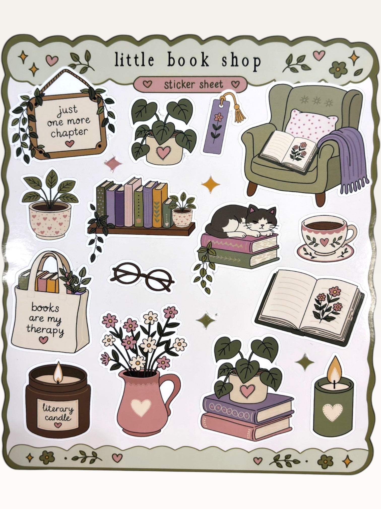 Paper Party Studio Little Book Shop glossy sticker sheet featuring cozy reading illustrations, plants, and books.