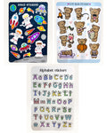 Paper Party Studio Little Explorer sticker set featuring space, cute bear, and alphabet designs on glossy sheets.