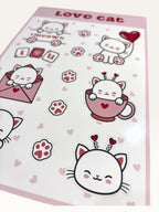 Paper Party Studio Love Cat sticker sheet featuring cute white kittens with hearts, envelopes, and paw prints.
