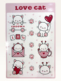 Paper Party Studio Love Cat sticker sheet featuring cute white kittens with red hearts, balloons, and paw prints.