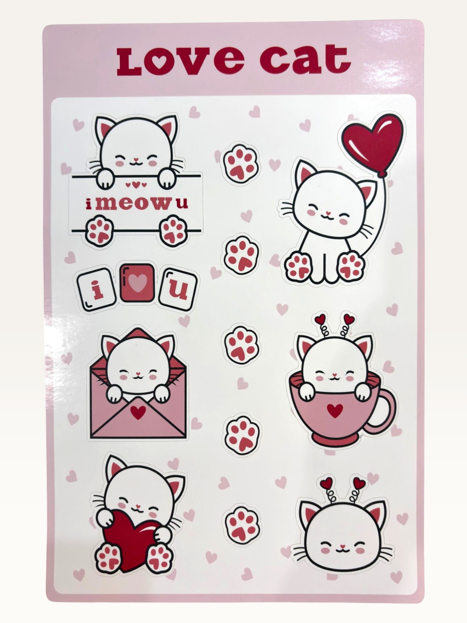 Paper Party Studio Love Cat sticker sheet featuring cute white kittens with red hearts, balloons, and paw prints.