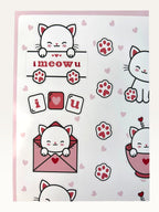 Paper Party Studio glossy sticker sheet featuring cute white cats, red hearts, paw prints, and I meow u text.