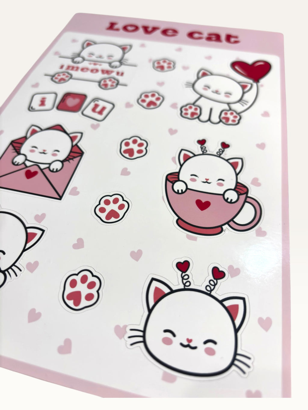 Paper Party Studio Love Cat sticker sheet with cute white kittens, pink hearts, and red accents on glossy paper.