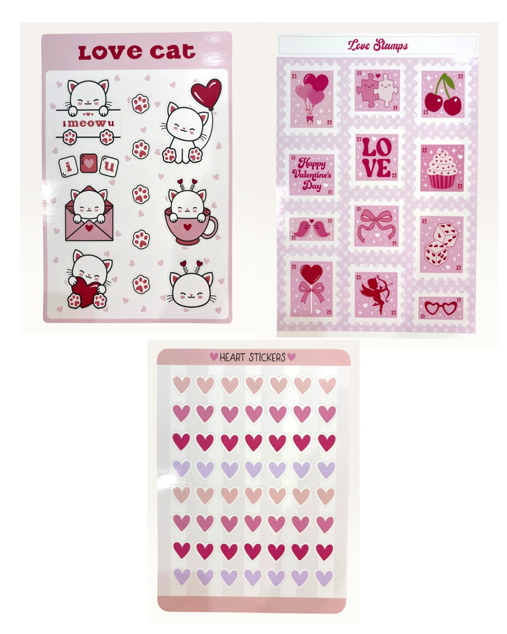 Paper Party Studio love and hearts sticker set featuring cat illustrations, vintage valentine stamps, and heart icons.