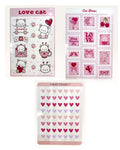 Paper Party Studio love and hearts sticker set featuring cat illustrations, vintage valentine stamps, and heart icons.