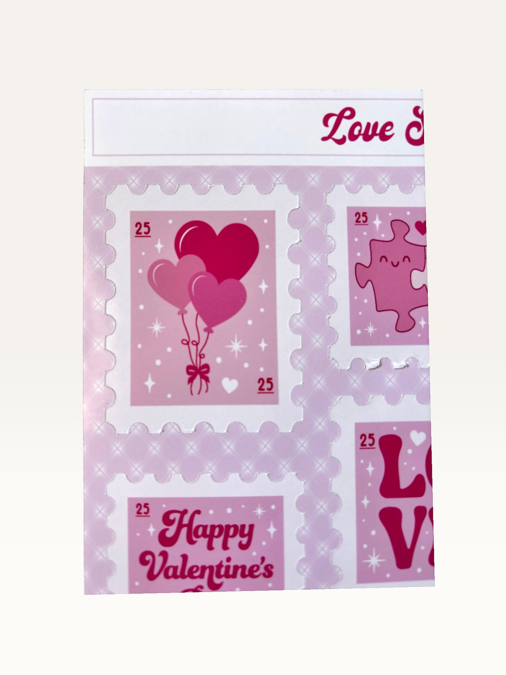 Paper Party Studio Love Stamps sticker sheet featuring vintage-style pink heart balloons and puzzle piece designs.
