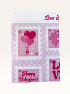 Paper Party Studio Love Stamps sticker sheet featuring vintage-style pink heart balloons and puzzle piece designs.