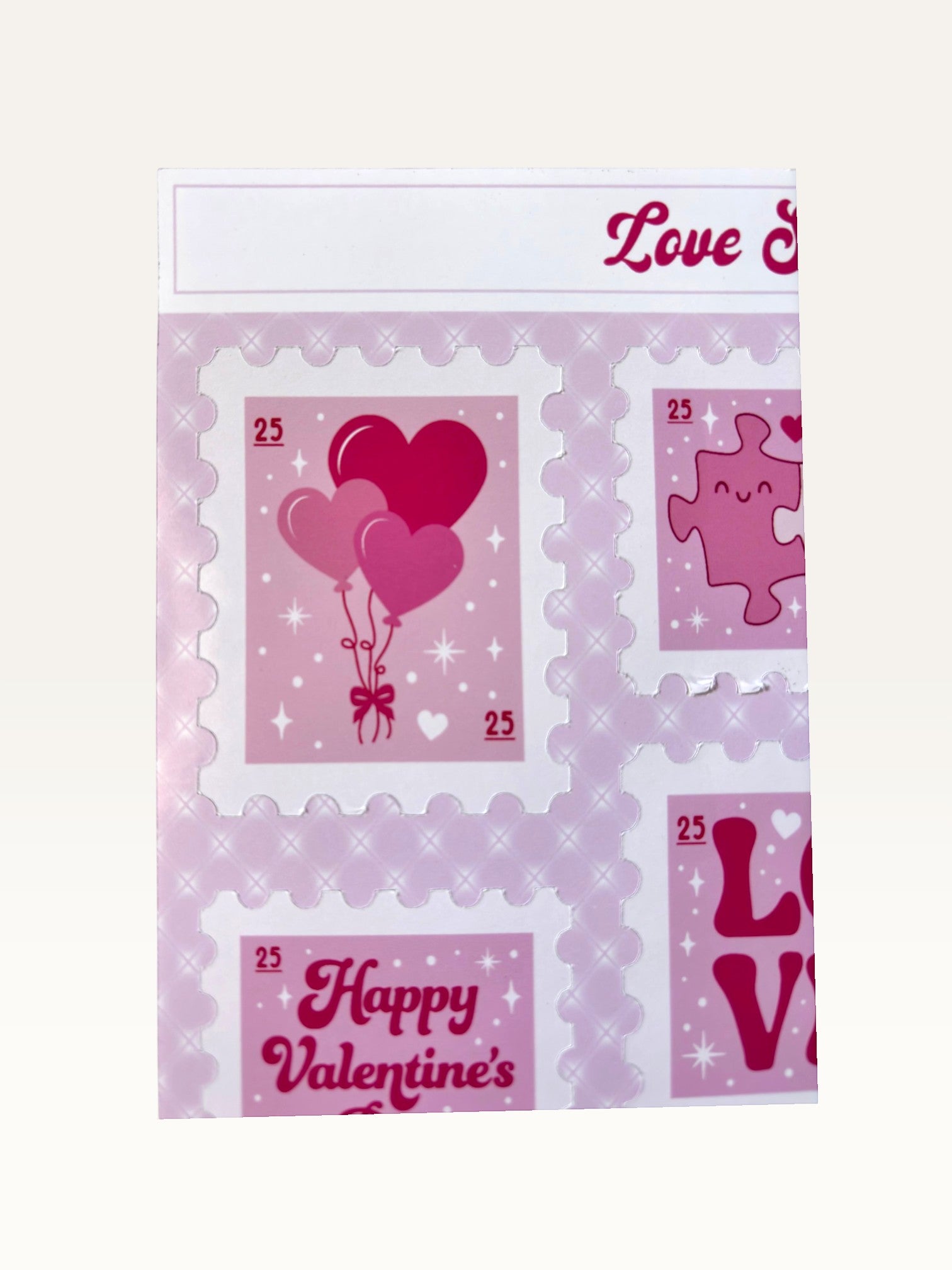 Paper Party Studio Love Stamps sticker sheet featuring vintage-style pink heart balloons and puzzle piece designs.