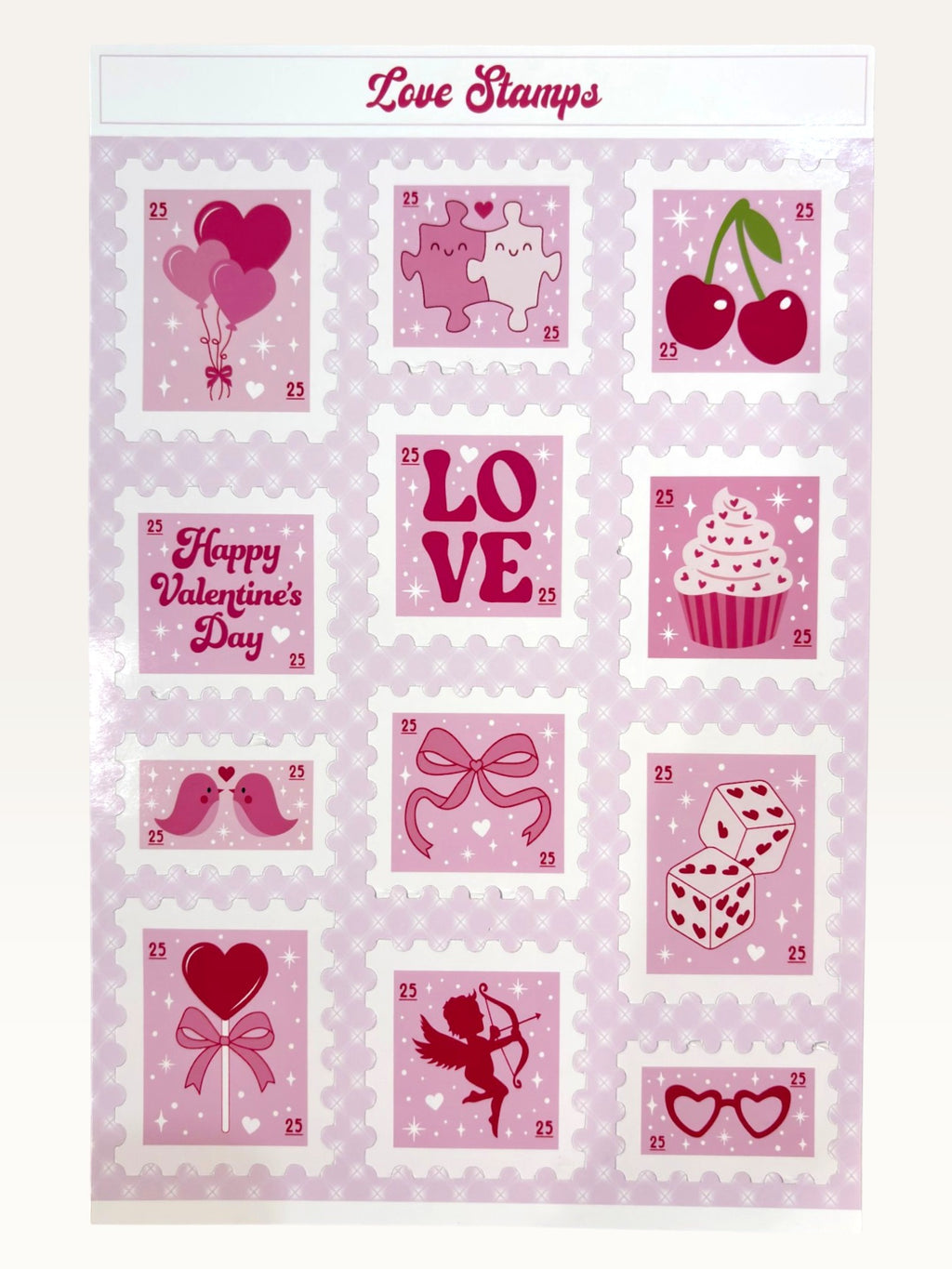 Paper Party Studio Love Stamps sticker sheet featuring vintage-style pink and red Valentine designs on glossy paper.